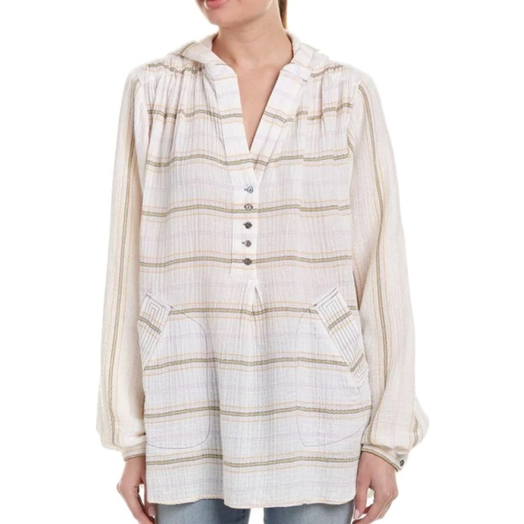 Free People Tops - Free People Rolling Clouds 100% Cotton Hooded Blouse Ivory Striped Small